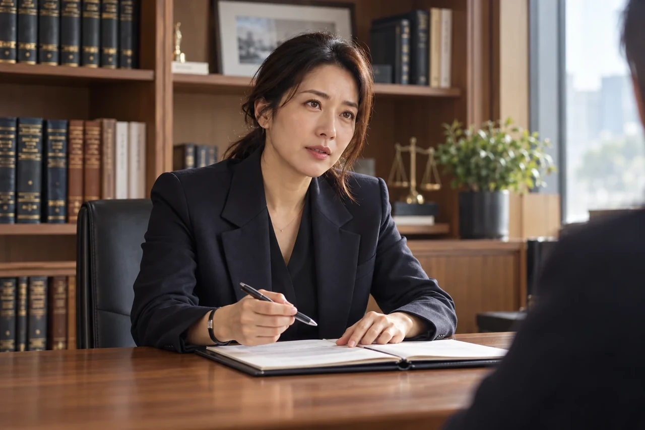 의뢰인과 대화하며 메모하는 변호사