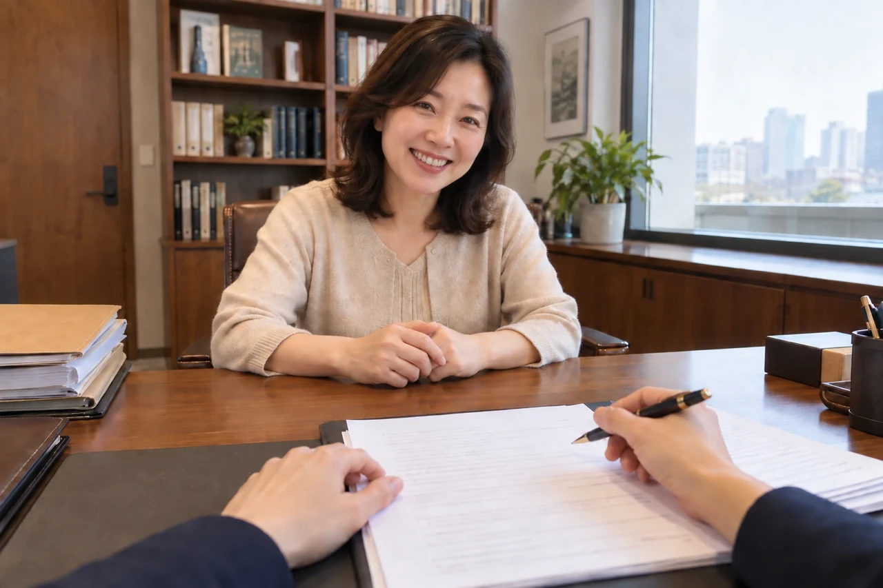 상담 테이블에 앉아 이야기하는 변호사